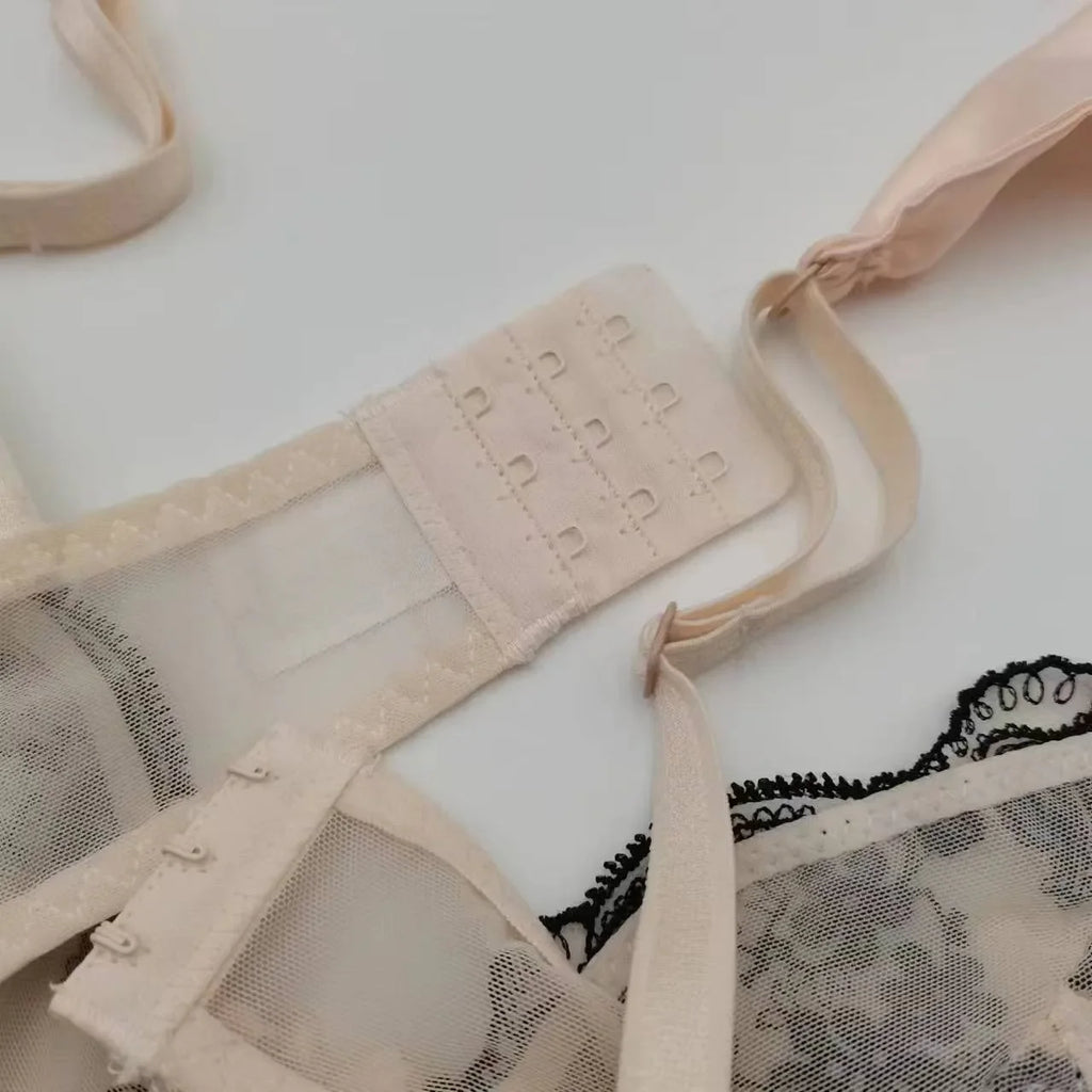 Sexy Lace Push Up Bra And Panty Set Featuring Semi Sheer Floral Design With Ring Embellishment