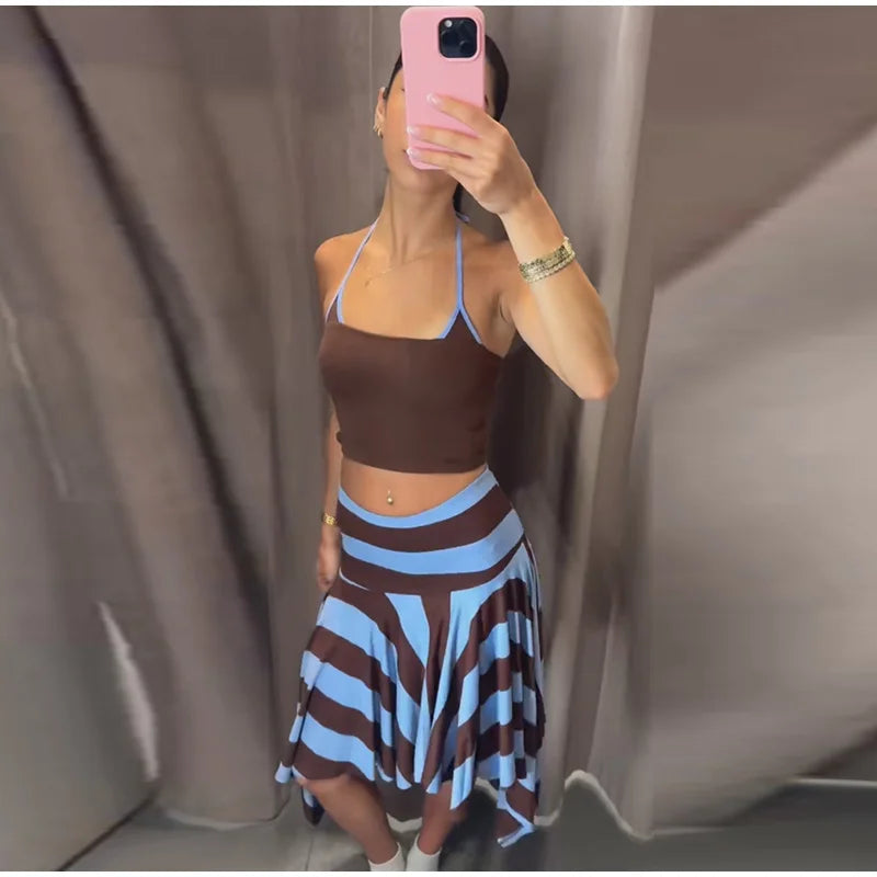 Striped Midi Skirt With Asymmetric Pleated Hem For Women Casual Style Flattering Low Rise