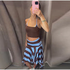 Striped Midi Skirt With Asymmetric Pleated Hem For Women Casual Style Flattering Low Rise