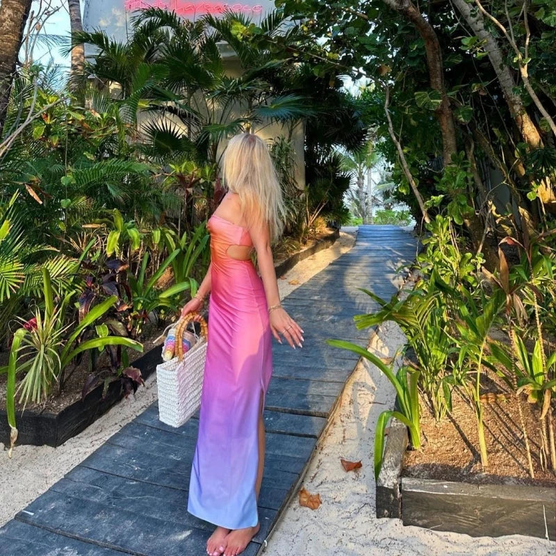 Gradient Print Backless Strapless Maxi Dress For Women Chest Wrap