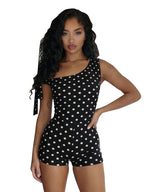 Polka Dot Playsuit With Tassel Details Sleeveless Low-Neck