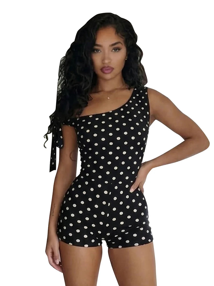 Polka Dot Playsuit With Tassel Details Sleeveless Low-Neck