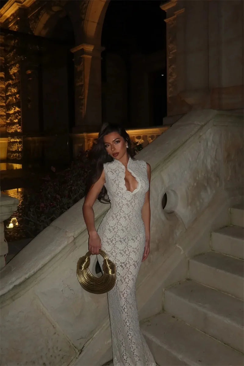 Elegant Lace Sleeveless Maxi Dress With Hollow Out Split