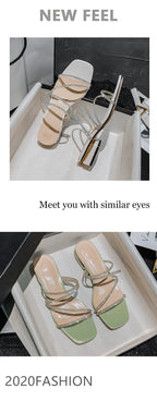 Crystal Rhinestone Clear Strap Sandals With Low Heel
