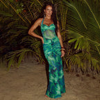 Green Print Sleeveless Sash Dress
