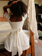 Vintage Bowknot White Dress With Square Collar Cotton Hollow Out