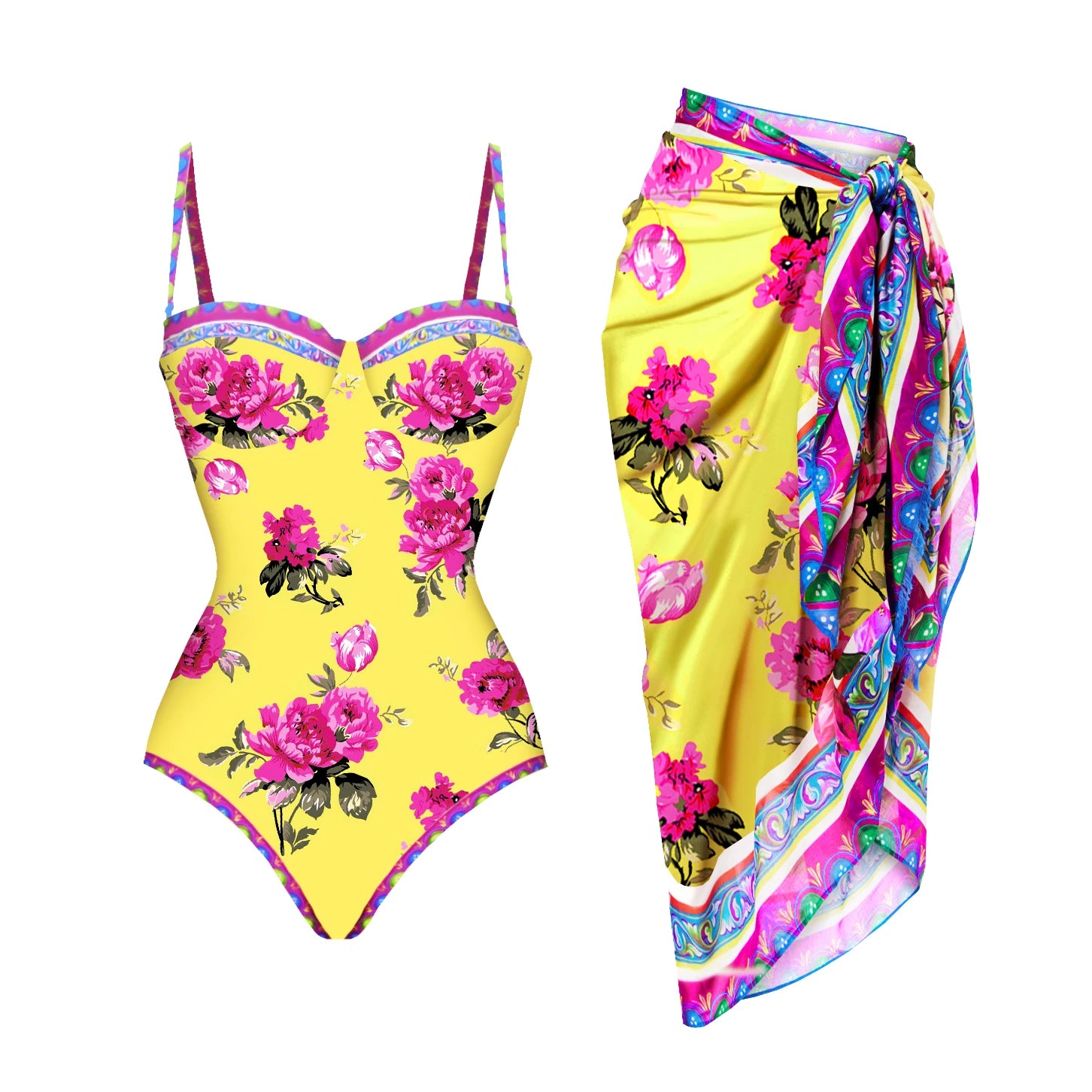 Playful Print Underwire One Piece Swimsuit With Skirt For Beach Summer Fun