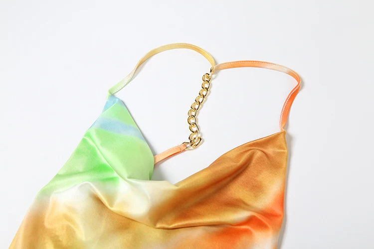 Colorful Swing Collar Maxi Dress With Metal Chain Backless