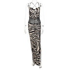 Zebra Print Maxi Dress With Lace Patchwork And Backless Slit l