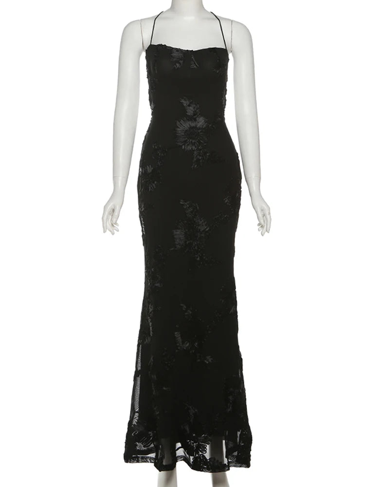Chic Floral Embroidered Backless Maxi Dress With Low Neck And Crossback