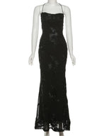 Chic Floral Embroidered Backless Maxi Dress With Low Neck And Crossback