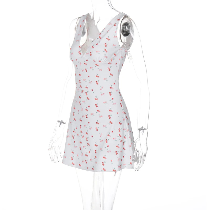 Cherry Print Straps Backless Draped Mini Dress
