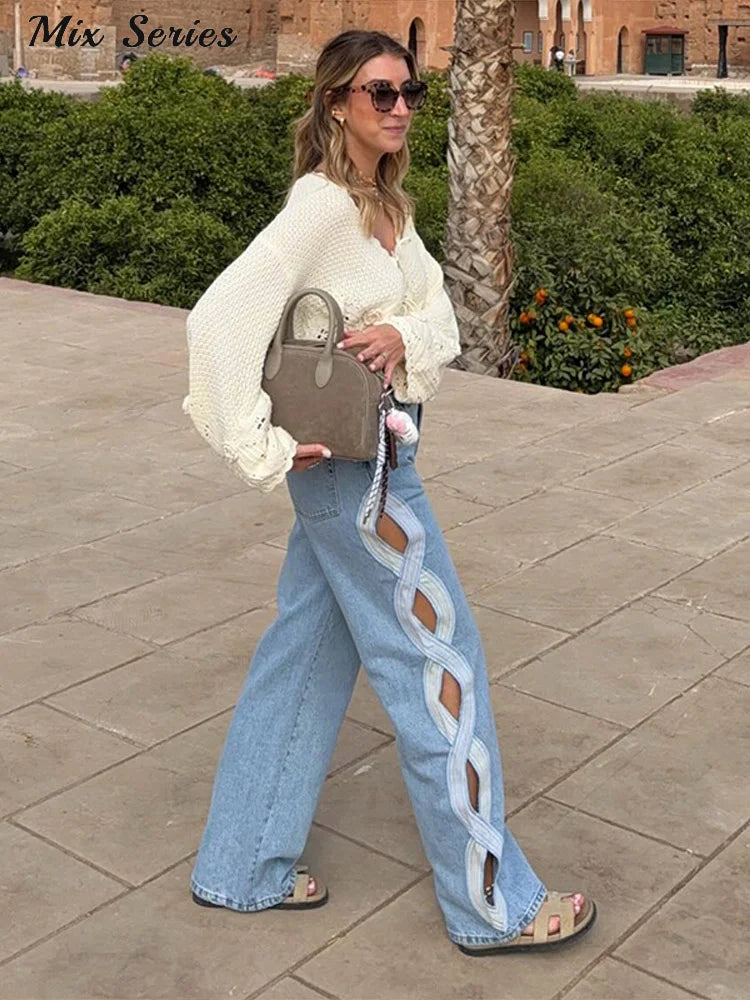 Side Hollow Out High Waist Jeans With Straight Leg Denim