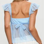 Women Square Neck Ruffle Strap Top Sheer Dots Mesh Peplum Blouse With Back Bow Tie