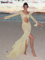 Elegant Sheer Lace Bodycon Dress With Hollow V-Neck Ruffles And Ruched Sides