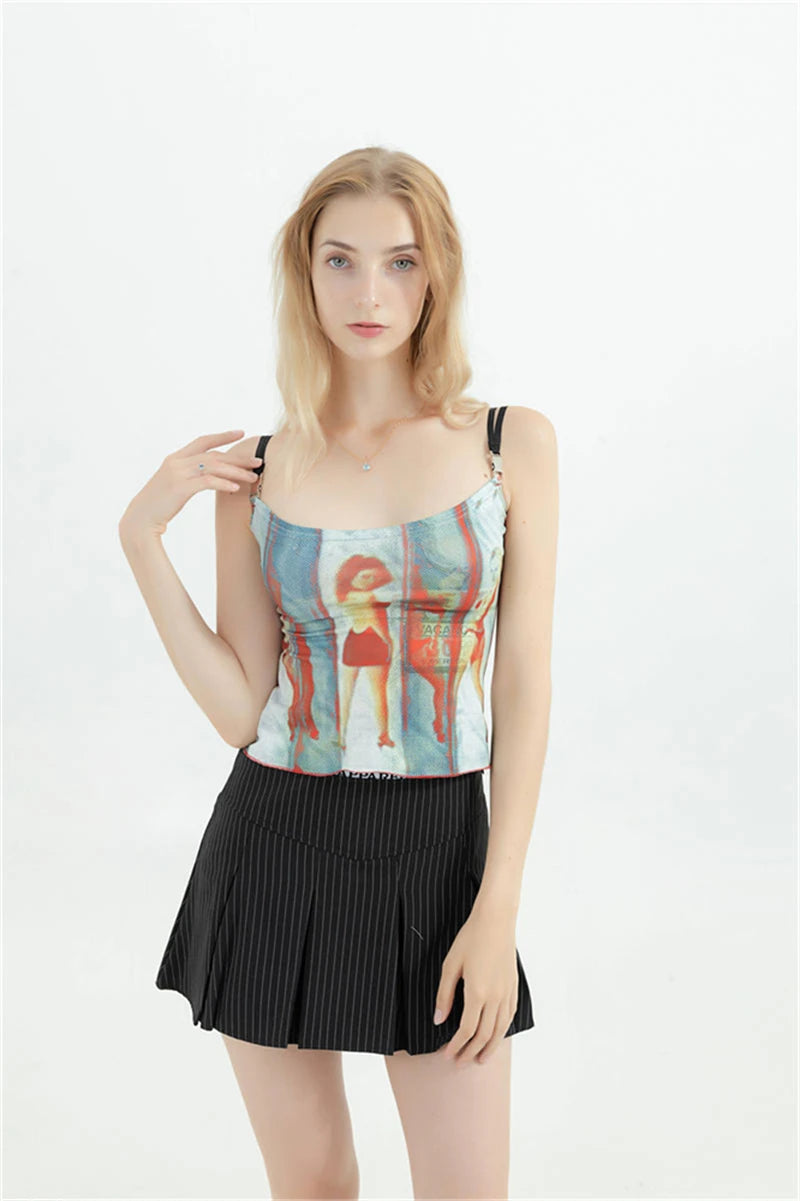 Flirty Vintage Graphic Spaghetti Strap Cami Top With Off Shoulder Flair