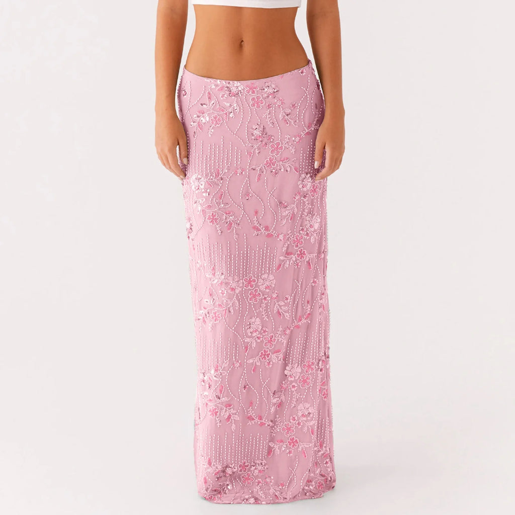 Elegant Beaded Sequin Maxi Skirt With Floral Embroidery