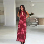 Boho Floral Halter Maxi Dress With Cutout And Tiered Ruffles Sleeveless