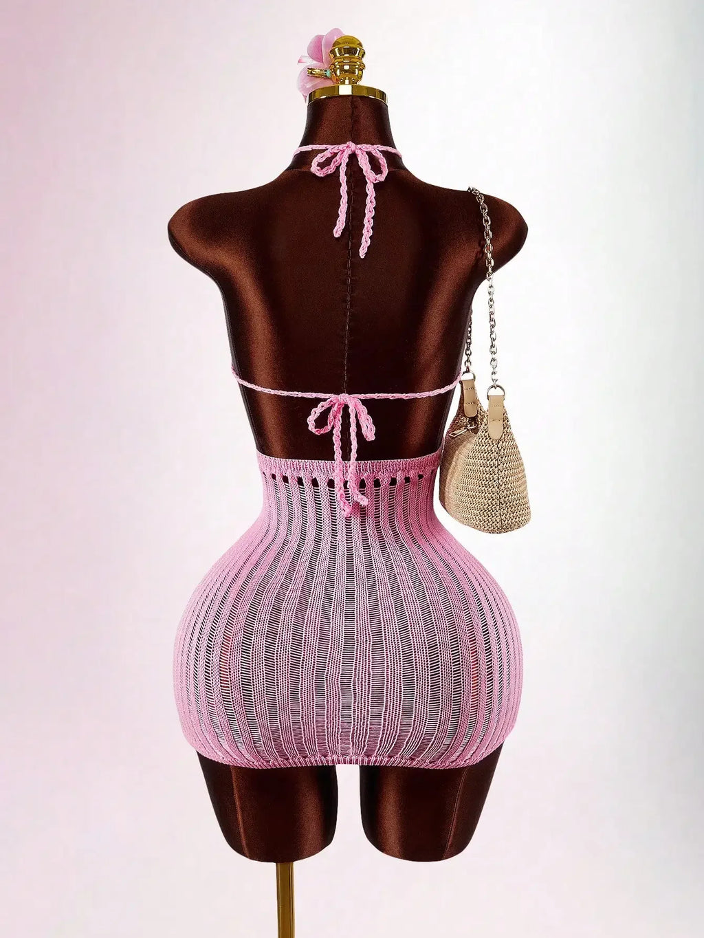 Pink Knitted Set With Sheer Heart Cup Top And Mini Skirt