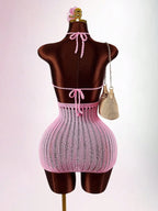 Pink Knitted Set With Sheer Heart Cup Top And Mini Skirt