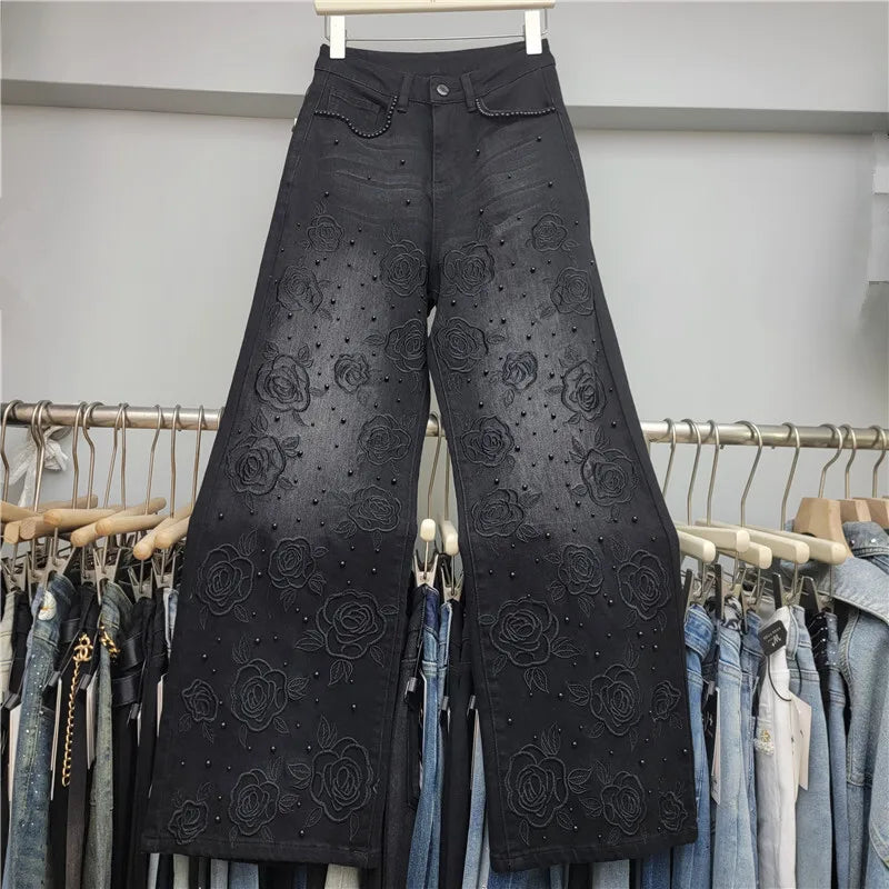 Beaded Embroidered Denim Wide Leg Jeans For Women With Vintage Style And Elegant Flair
