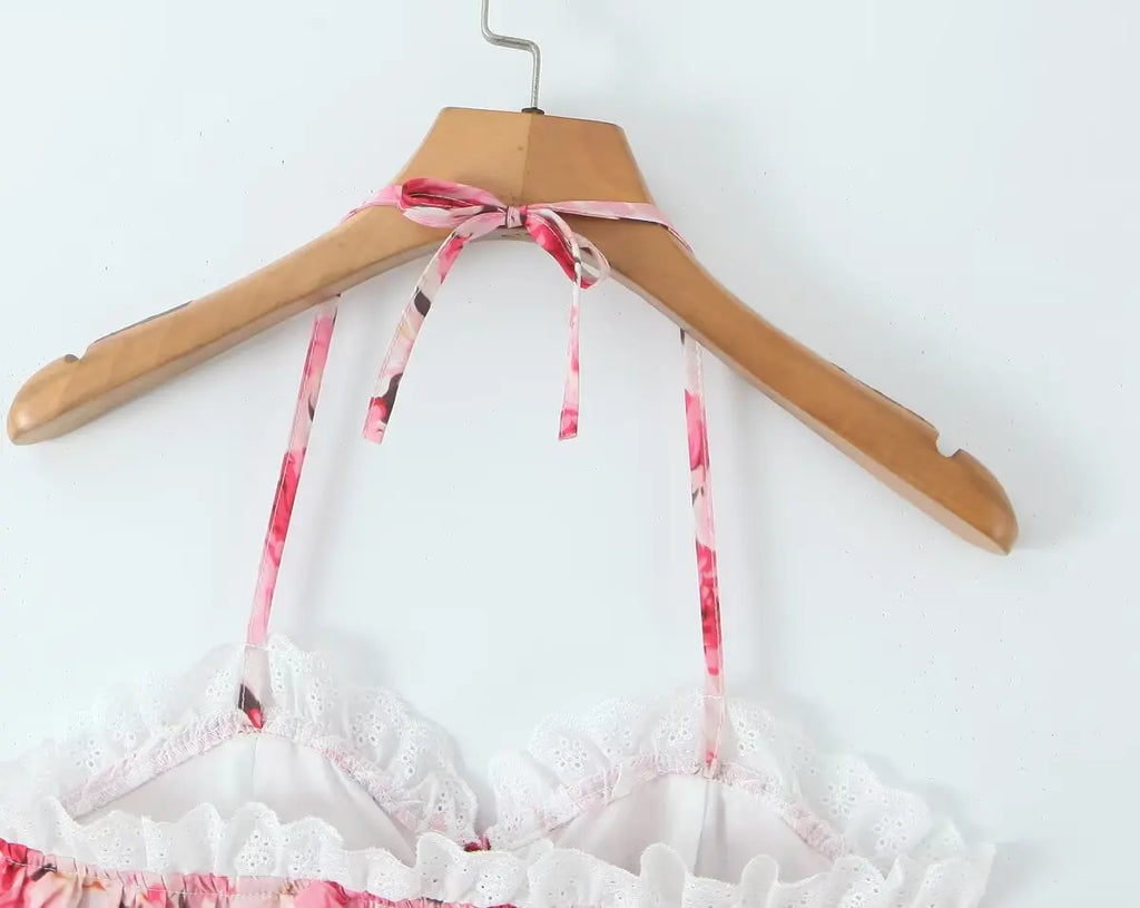 Boho Floral Print 2 Pieces Skirts Set Holiday Summer Women Sexy Backless Halter Top + Mini Skirt