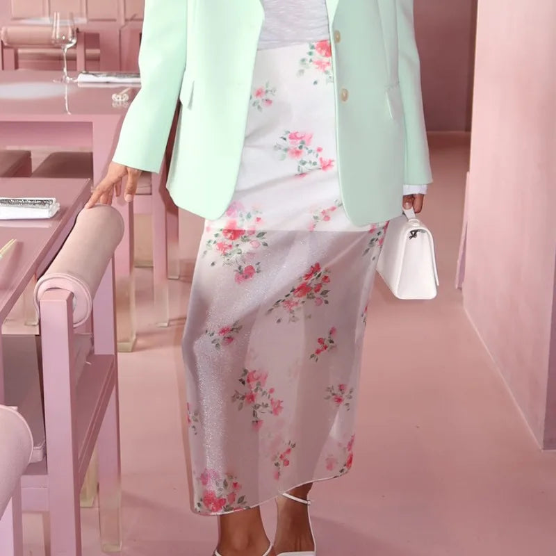 Airy Mesh Print Maxi Skirt With High Waist See Through Slit