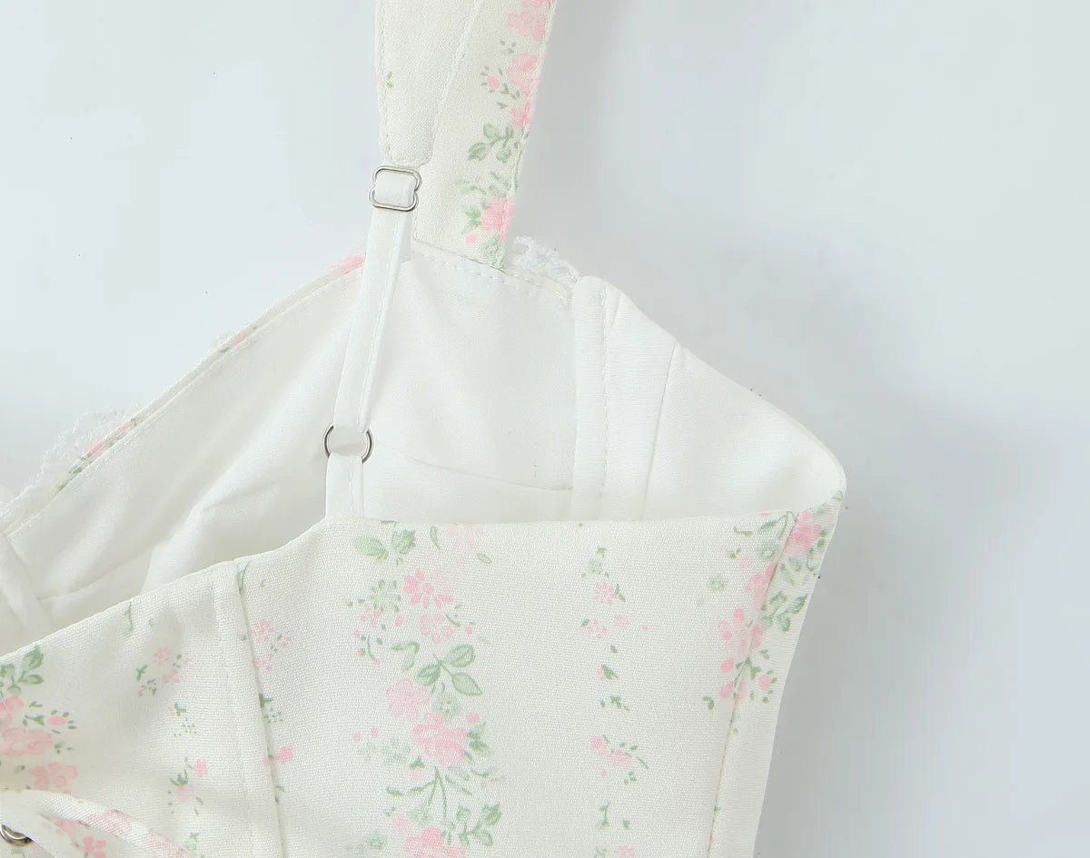 Vintage Sweet Floral Print Mini Dress Set Strapless Crop Top Bodycon Skirts Outfit