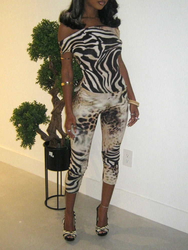 Leopard Print Two Piece Set For Women Slash Neck Backless Top And Hip Crop Pants