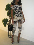 Leopard Print Two Piece Set For Women Slash Neck Backless Top And Hip Crop Pants