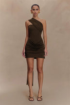 One Shoulder Backless Mini Dress With Draped Ruched Silhouette
