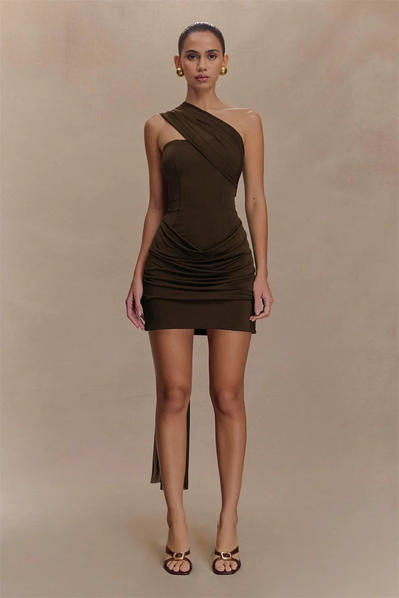 One Shoulder Backless Mini Dress With Draped Ruched Silhouette