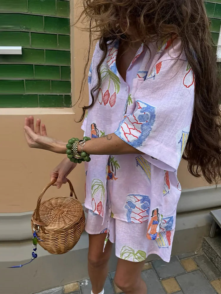 Dreamy Abstract Print Camp Collar Shirt And Shorts Matching Set