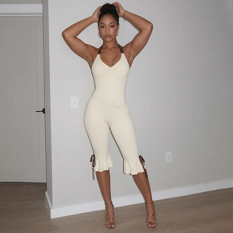 Lace Up Halter Bow Jumpsuit For Women V Neck Backless