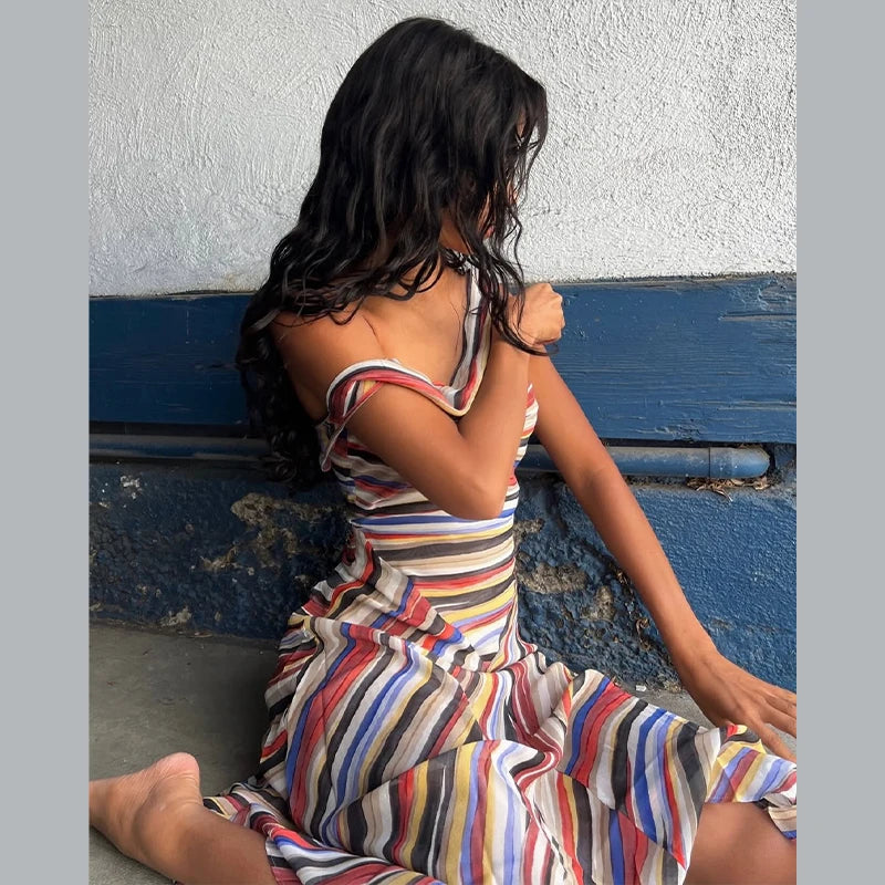 Colorful Stripe Sleeveless Midi Dress