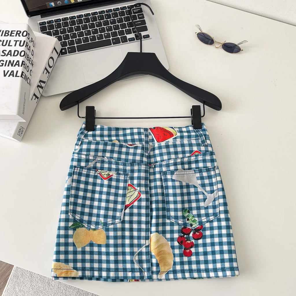 Retro Fruit Plaid Mini Skirt With Button Detail A Line