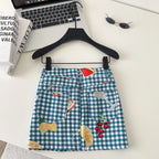 Retro Fruit Plaid Mini Skirt With Button Detail A Line