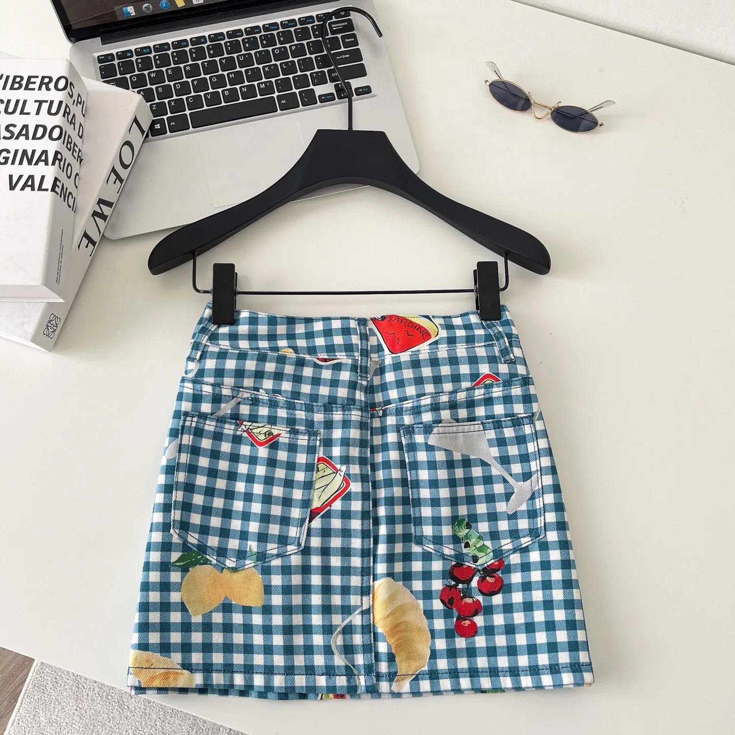 Retro Fruit Plaid Mini Skirt With Button Detail A Line