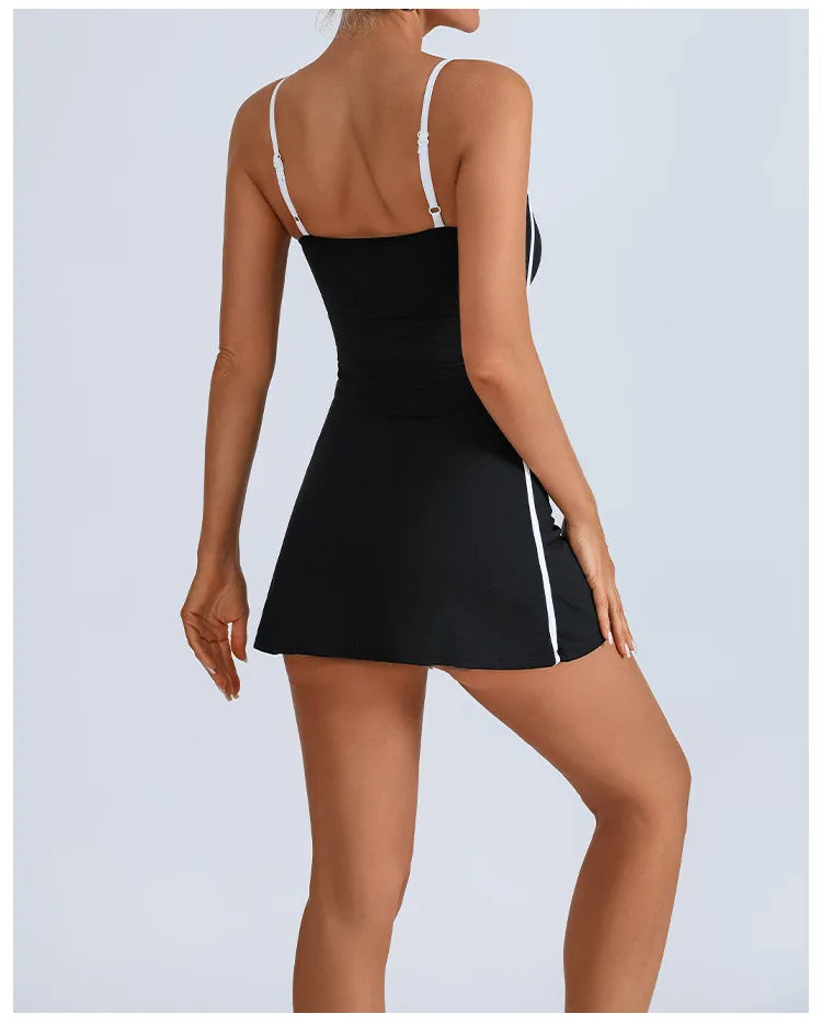 Women's Tennis Sleeveless Contrast Workout Yoga Build in Shorts Fashion Tight Fitting Skirts Suit