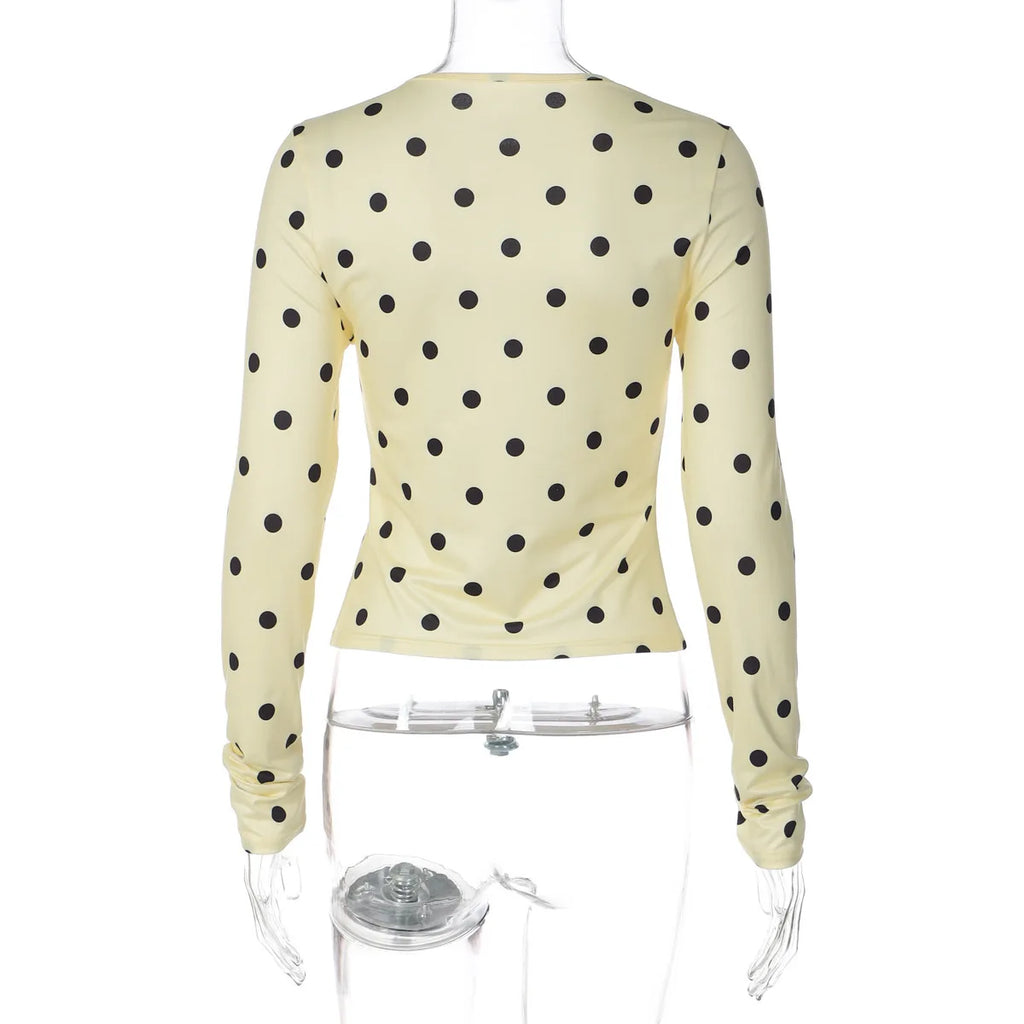 Yellow Dot Print O Neck Long Sleeve Tee Slim Fit Retro Streetwear