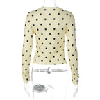 Yellow Dot Print O Neck Long Sleeve Tee Slim Fit Retro Streetwear