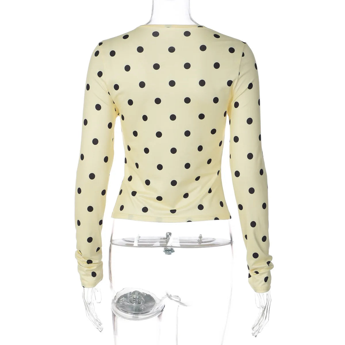 Yellow Dot Print O Neck Long Sleeve Tee Slim Fit Retro Streetwear