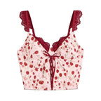 Women's Sweet Rose Floral Print Corset Top Lace Strap Bow Detail Bustier Crop Y2K Fashion Top
