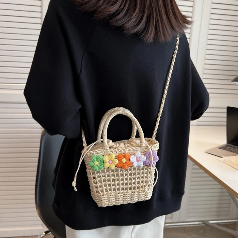 Straw Woven Shoulder Bag With Floral Details