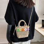 Straw Woven Shoulder Bag With Floral Details
