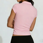 Solid Button Crop Top With V Neck Short Sleeve Tee