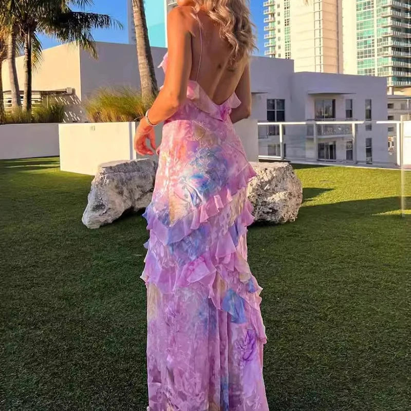 Women's V Neck Ruffled Slim Long Fashion Sleeveless Floral Print Backless Dress