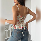 Floral Print Coquette Crop Corset Top With Spaghetti Straps And Ruffle Hem