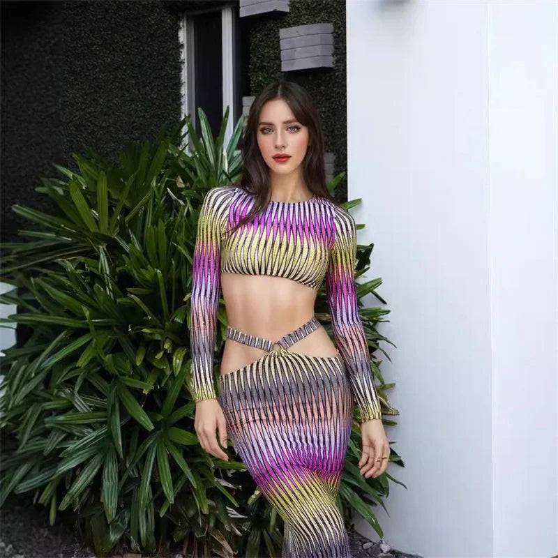 Contrast Print Crop Top And Fish Tail Long Sleeve Skirt Set Two-piece