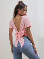 Backless Lace Up Tee With Hollow Out Detailing